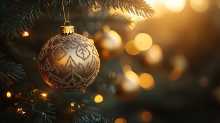 Canvas Print - Golden Christmas baubles with intricate, hand-carved patterns hanging delicately from a tree, reflecting warm golden light. 4K hyperrealistic photo.