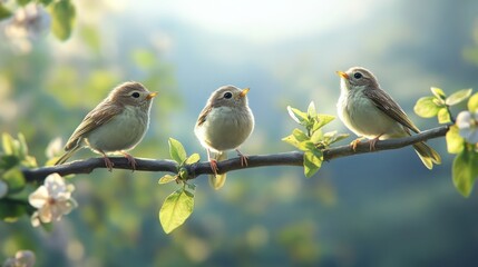 Wall Mural - Three adorable small birds perched on a branch surrounded by lush green leaves and delicate blossoms.