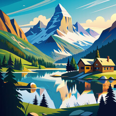 cervino mout natural landacape with lake, vector illustration flat 2