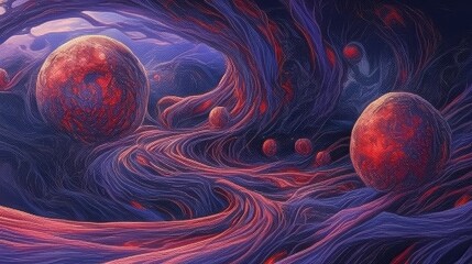 Abstract Cosmic Landscape with Two Red Spheres