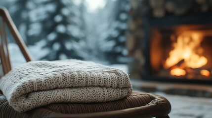 Poster - Winter mockup of a plain sweater folded on a rustic wooden chair by a roaring fireplace, with snow-covered trees visible outside. 4K hyperrealistic photo.