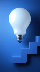 Poster - A light bulb is lit up and is on top of a blue staircase. The light bulb is lit up and shining brightly, creating a sense of illumination and inspiration. The staircase is blue