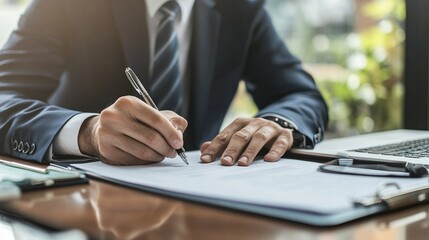 Poster - A businessman is signing a document at an office desk, which is equipped with a laptop and other office accessories, showcasing a professional and focused atmosphere.