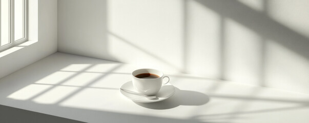 A white cup with a spoon sits on a table in front of a window. The sunlight is shining on the cup, creating a warm and inviting atmosphere