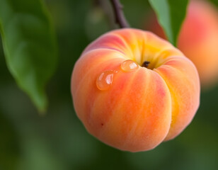 Wall Mural -  A single, ripe peach with a water droplet slowly rolling down its surface.