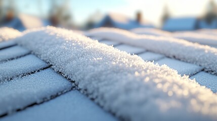 Wall Mural - Close-up of snow-covered roof shingles, with the geometric pattern softened by a thin layer of snow. 4K hyperrealistic photo.