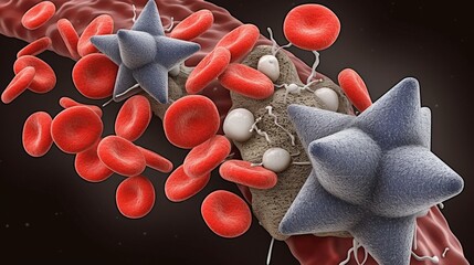 Wall Mural - A Microscopic View of White Blood Cells Attacking a Bacterium in a Blood Vessel