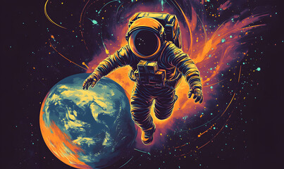 Wall Mural - graphics of space, planets, and astronauts on a white background.