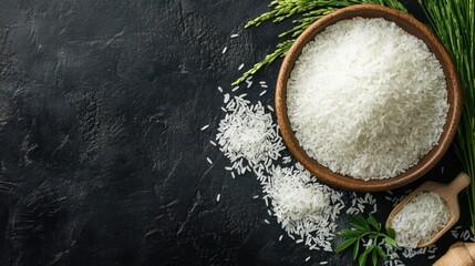 pile of raw white rice on a dark textured surface.