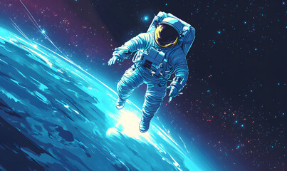 Wall Mural - graphics of space, planets, and astronauts on a white background.
