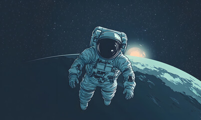Wall Mural - graphics of space, planets, and astronauts on a white background.