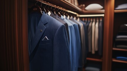 Close up of a navy blue suit jacket hanging in a well-lit closet.