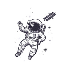 Wall Mural - graphics of space, planets, and astronauts on a white background.