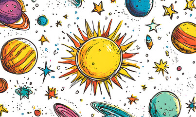 Wall Mural - graphics of space, planets, and astronauts on a white background.