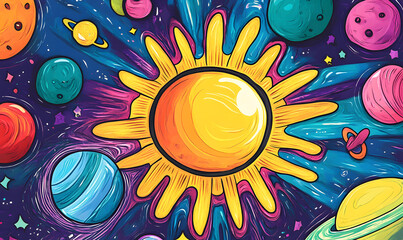Wall Mural - graphics of space, planets, and astronauts on a white background.