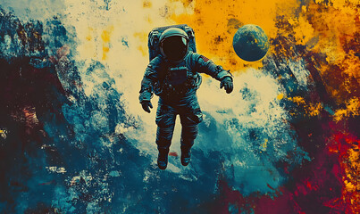 Wall Mural - graphics of space, planets, and astronauts on a white background.