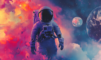 Wall Mural - graphics of space, planets, and astronauts on a white background.