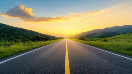 a tranquil sunset over a long road, surrounded by lush green hills and open fields, perfect for trav