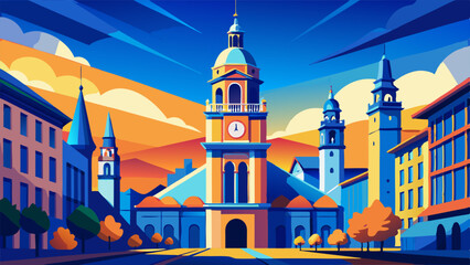 clock tower illustrations primary colors are blue this is color code 3d73be and orange, yellow,