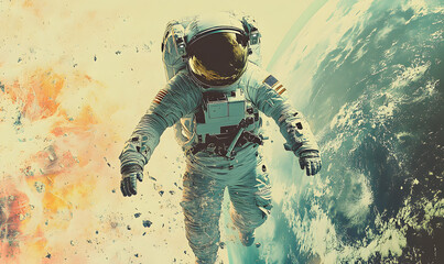 Wall Mural - graphics of space, planets, and astronauts on a white background.