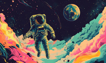 Wall Mural - graphics of space, planets, and astronauts on a white background.