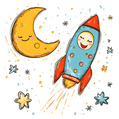 Wall Mural - graphics of space, planets, and astronauts on a white background.