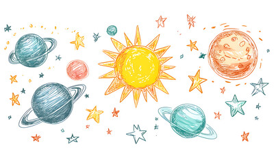 Wall Mural - graphics of space, planets, and astronauts on a white background.
