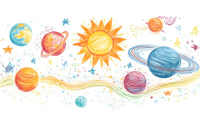 Wall Mural - graphics of space, planets, and astronauts on a white background.