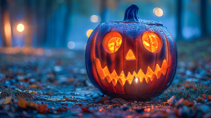 Halloween pumpkin glowing on path at night in the forest