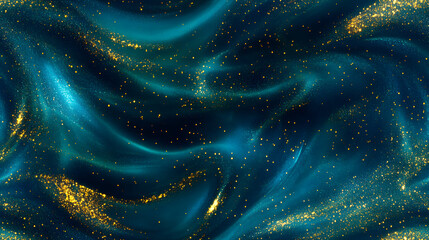 Abstract magic blue background with golden sparkles. Photo of a blue liquid with gold glitters and green tints. Various shades of green and blue with golden splashes and flows.