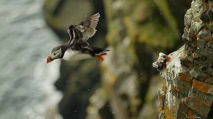 Wall Mural -  A puffin returning to its nest on a rocky cliff