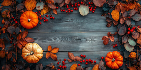 An arrangement of autumn leaves, pumpkins, and red berries on a rustic wooden surface, encapsulating the essence of the fall season with its vibrant colors and festive elements.