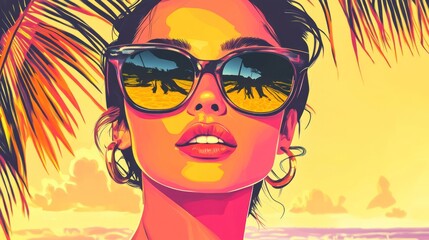 A fashionable young woman with dark hair and sunglasses poses against a vibrant tropical sunset.