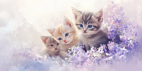 Three charming kittens sit amidst purple flowers, creating a serene and beautiful composition that showcases the innocence and beauty of both the kittens and the flowers.