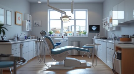 A modern and bright dental office featuring a comfortable dental chair and professional equipment, designed for patient comfort.