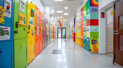 Wall Mural - Colorful Lockers and Kids Art in a School Hallway