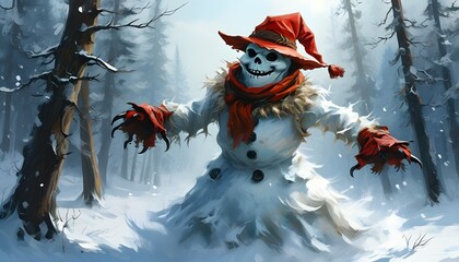 Wall Mural - Whimsical Skeleton Snowman Dancing Joyfully in Enchanted Winter Forest