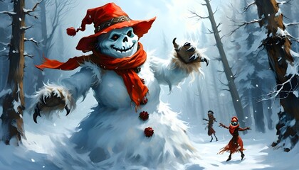 Wall Mural - Whimsical Skeleton Snowman Dancing Joyfully in Enchanted Winter Forest