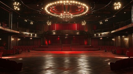 Canvas Print - A dimly lit theater stage with red curtains and seating, designed for performances.