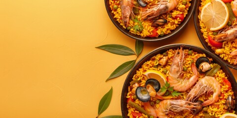 Spanish paella on yellow background with text space. Traditional seafood and vegan food concept. Ideal for culinary promotions and cultural celebrations.