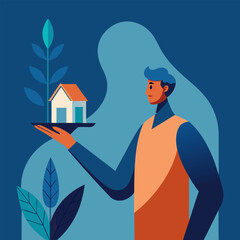 showing with one hand a mini house real state concept withe plant, vector illustration flat 2