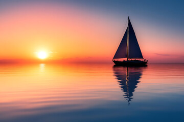 Wall Mural - A serene sunset over calm waters with a sailboat reflecting the vibrant colors.