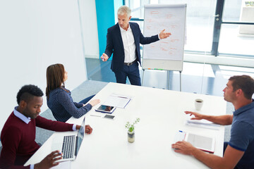 Poster - Presentation, meeting and businessman with team in office for discussion, planning and workshop. Corporate, whiteboard and speaker with workers for financial review, brainstorming and collaboration