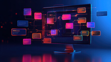Poster - A computer monitor displays a colorful array of icons and symbols. Concept of technology and innovation, with the various shapes and colors representing different aspects of the digital world