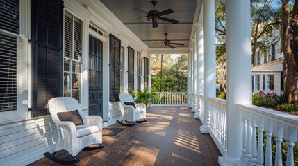 Front Porch with White Wicker Chairs, Black Shutters, and Open Windows in Southern Architecture Style, Overlooking Urban Neighborhood