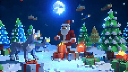 Pixel Art Christmas Scene with Santa, Sleigh, Wolves, and Moonlit Snowy Forest