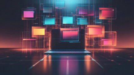 Wall Mural - A laptop is on a table with a colorful background of squares and rectangles. The laptop is the main focus of the image, and the colorful background adds a sense of creativity