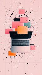 Poster - A laptop is on a pink background with many colorful sticky notes scattered around it. Concept of creativity and productivity, as the sticky notes represent ideas and thoughts that can be written down