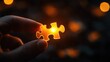 © Pungu x - Hands holding a glowing 3D puzzle piece, fitting it into a larger creative business puzzle, solution finding, creative problem-solving in business