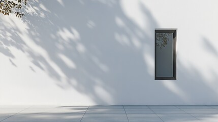 Poster - Minimalist architectural shot of a clean white wall with a single, small window, sharp lines and strong shadows creating a stark, modern aesthetic, 4K hyperrealistic photo.